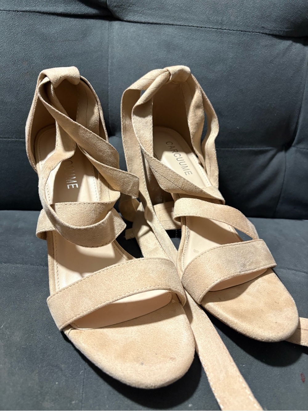 Carcuume Strappy Women Chunky  High Heels Sandals Lace up Nude Block Heel,Ellery